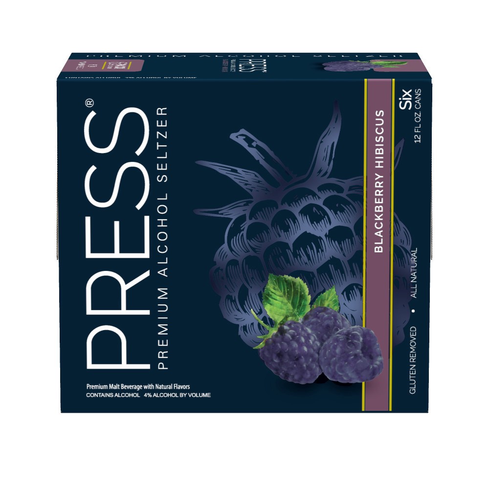 slide 1 of 3, PRESS Premium Hard Seltzer Blackberry Hibiscus Malt Beverage, 6 pk 12 fl oz Cans, 4.0% ABV, 72 fl oz