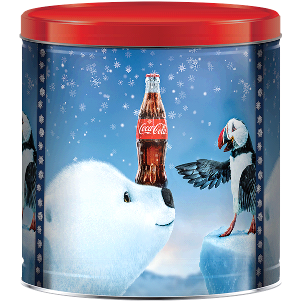 slide 1 of 1, Signature Brands Coke Bear and Puffin Popcorn Tin, 21 oz