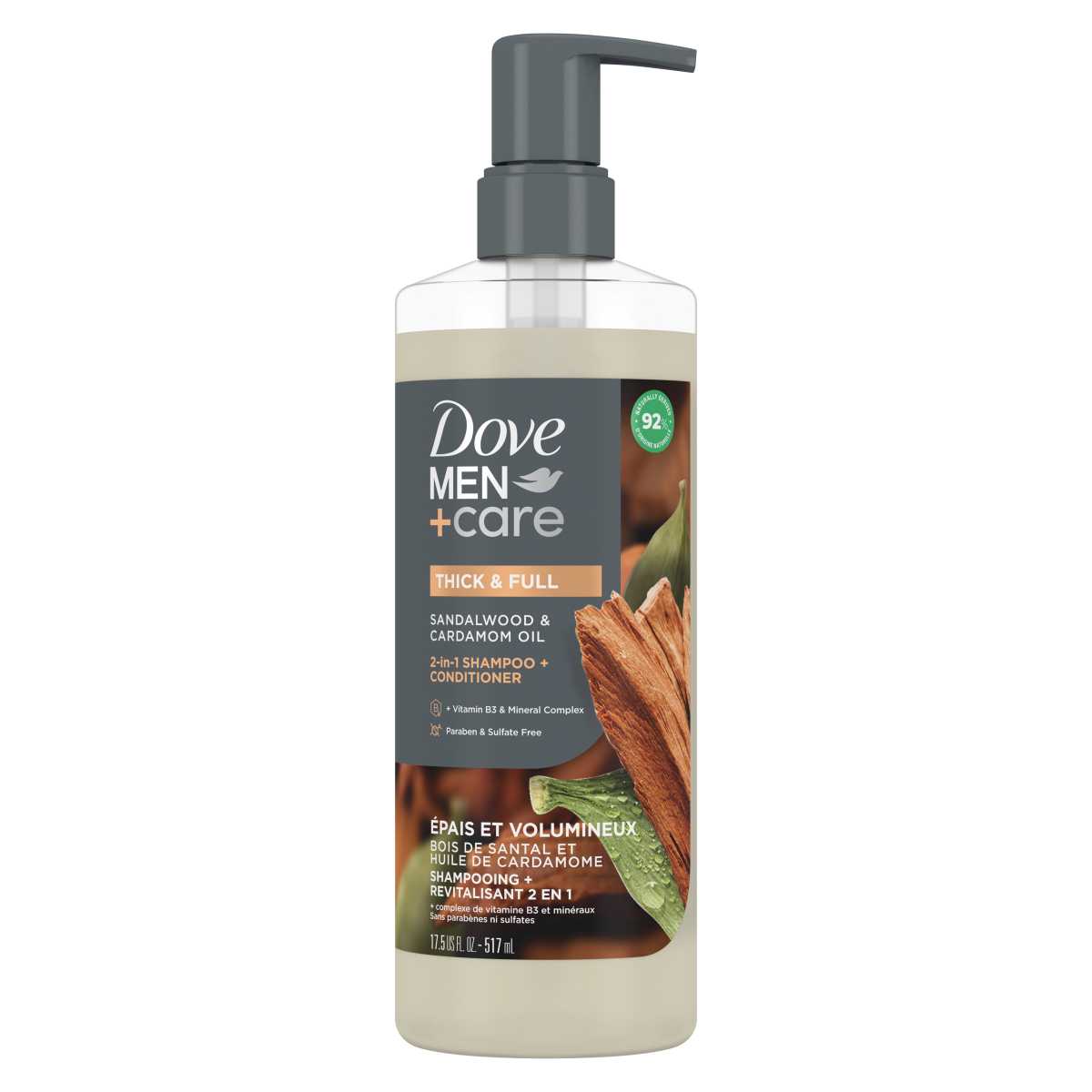 slide 16 of 17, Dove Men+Care Thick & Full 2-in-1 Sandalwood & Cardamom Oil Shampoo + Conditioner 17.5 fl oz, 17.5 fl oz