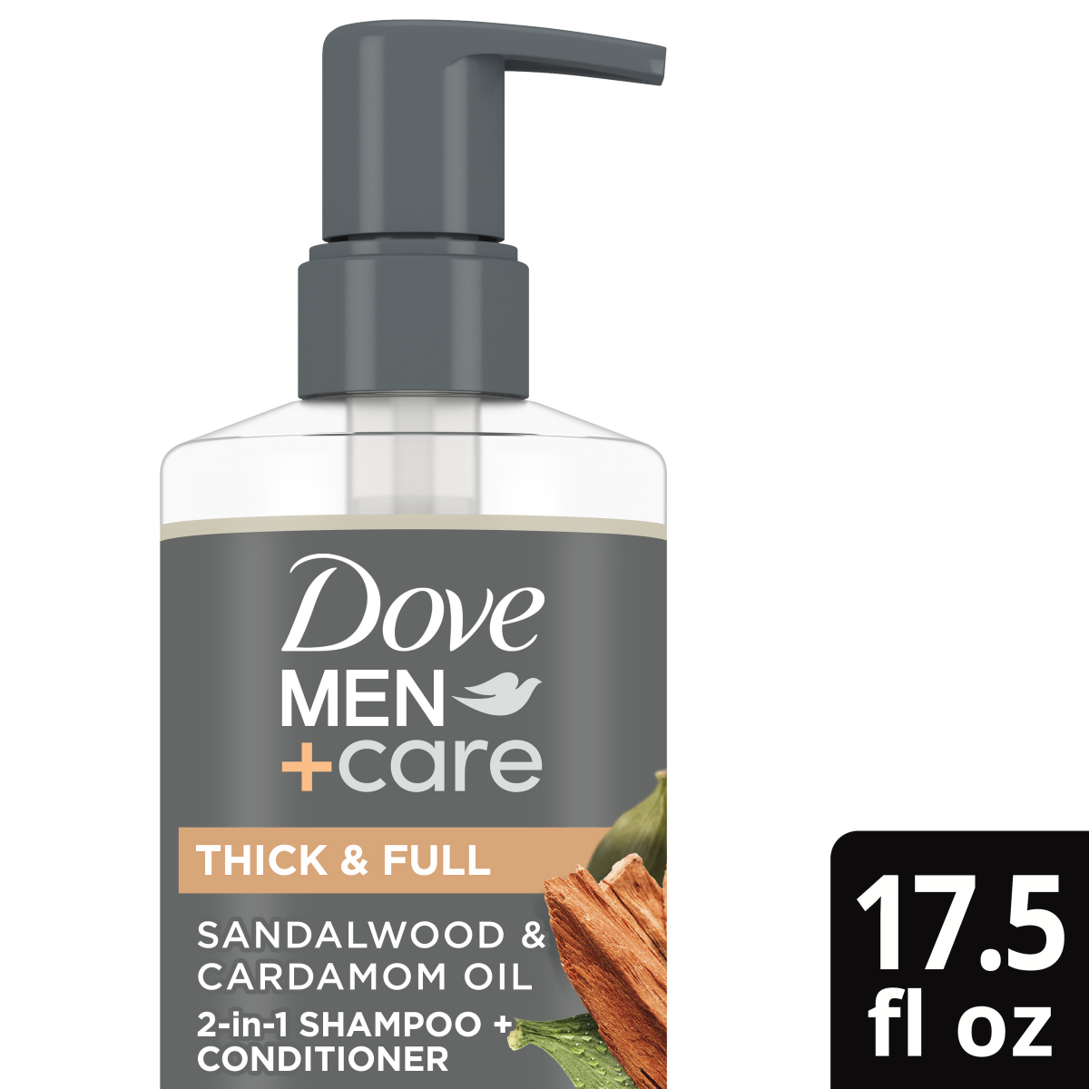 slide 1 of 17, Dove Men+Care Thick & Full 2-in-1 Sandalwood & Cardamom Oil Shampoo + Conditioner 17.5 fl oz, 17.5 fl oz