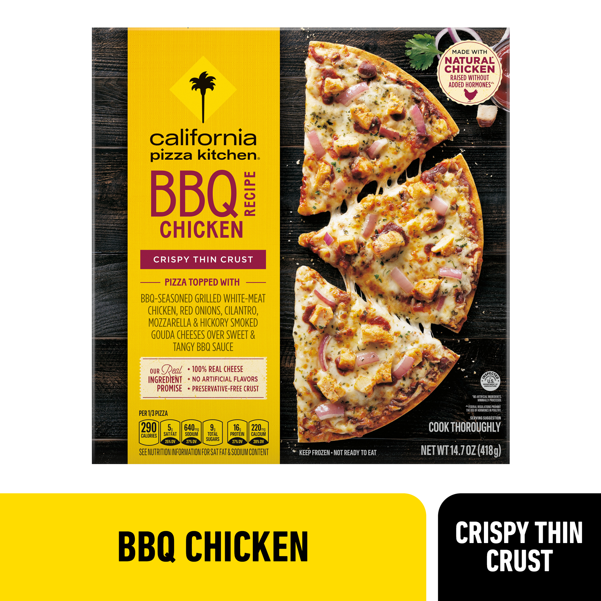 slide 1 of 8, California Pizza Kitchen BBQ Recipe Chicken Frozen Pizza, Chicken Pizza on a Crispy Thin Crust, 14.7 oz