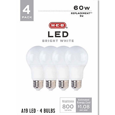 slide 1 of 1, H-E-B A19 60-Watt Bright White LED Light Bulbs, 4 ct