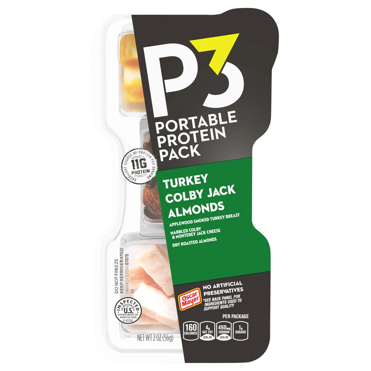 slide 1 of 9, P3 Portable Protein Pack Turkey, Almonds Colby Jack Cheese, for a Low Carb Lifestyle, 2 oz Tray, 2 oz