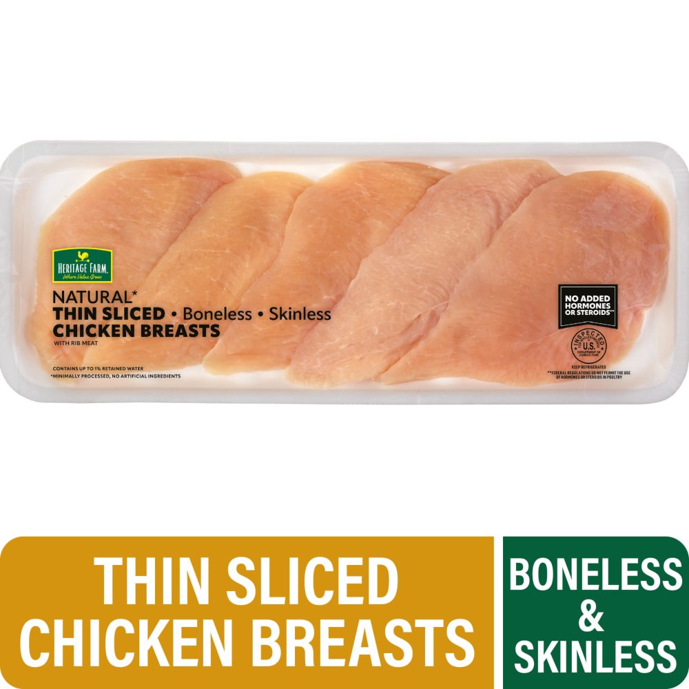 slide 1 of 2, Heritage Farm Thin Slice Chicken Breasts, per lb
