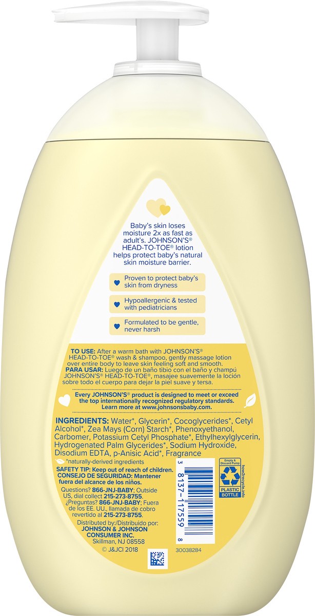 slide 4 of 7, Johnson's Head-to-Toe Moisturizing Baby Body Lotion for Sensitive Skin, Hypoallergenic and Paraben-, Phthalate- and Dye-Free Baby Skin Care, 27.1 fl. oz, 27.10 fl oz