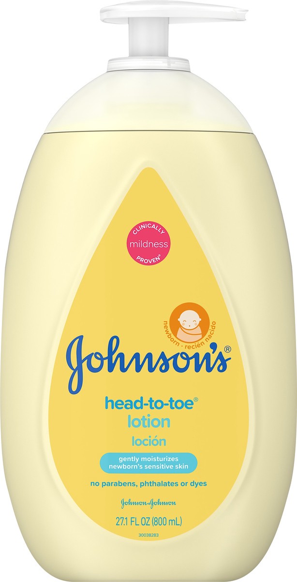 slide 5 of 7, Johnson's Head-to-Toe Moisturizing Baby Body Lotion for Sensitive Skin, Hypoallergenic and Paraben-, Phthalate- and Dye-Free Baby Skin Care, 27.1 fl. oz, 27.10 fl oz