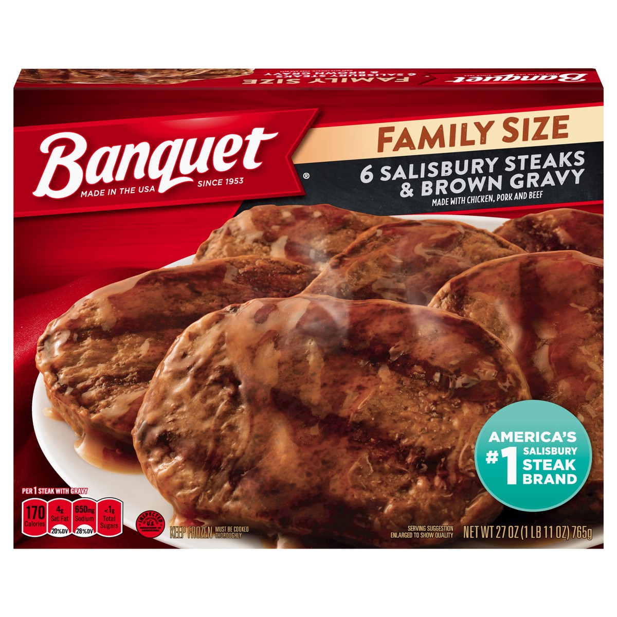 slide 1 of 6, Banquet Family Size Salisbury Steaks and Brown Gravy, Frozen Meal, 27 oz., 27 oz