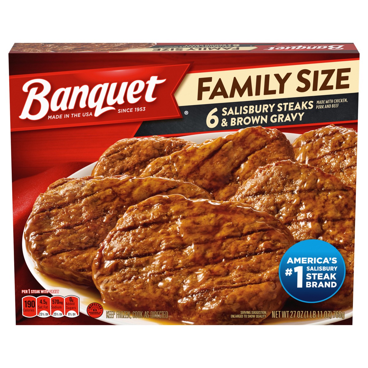 slide 1 of 6, Banquet Family Size Salisbury Steaks and Brown Gravy, Frozen Meal, 27 OZ, 6 ct