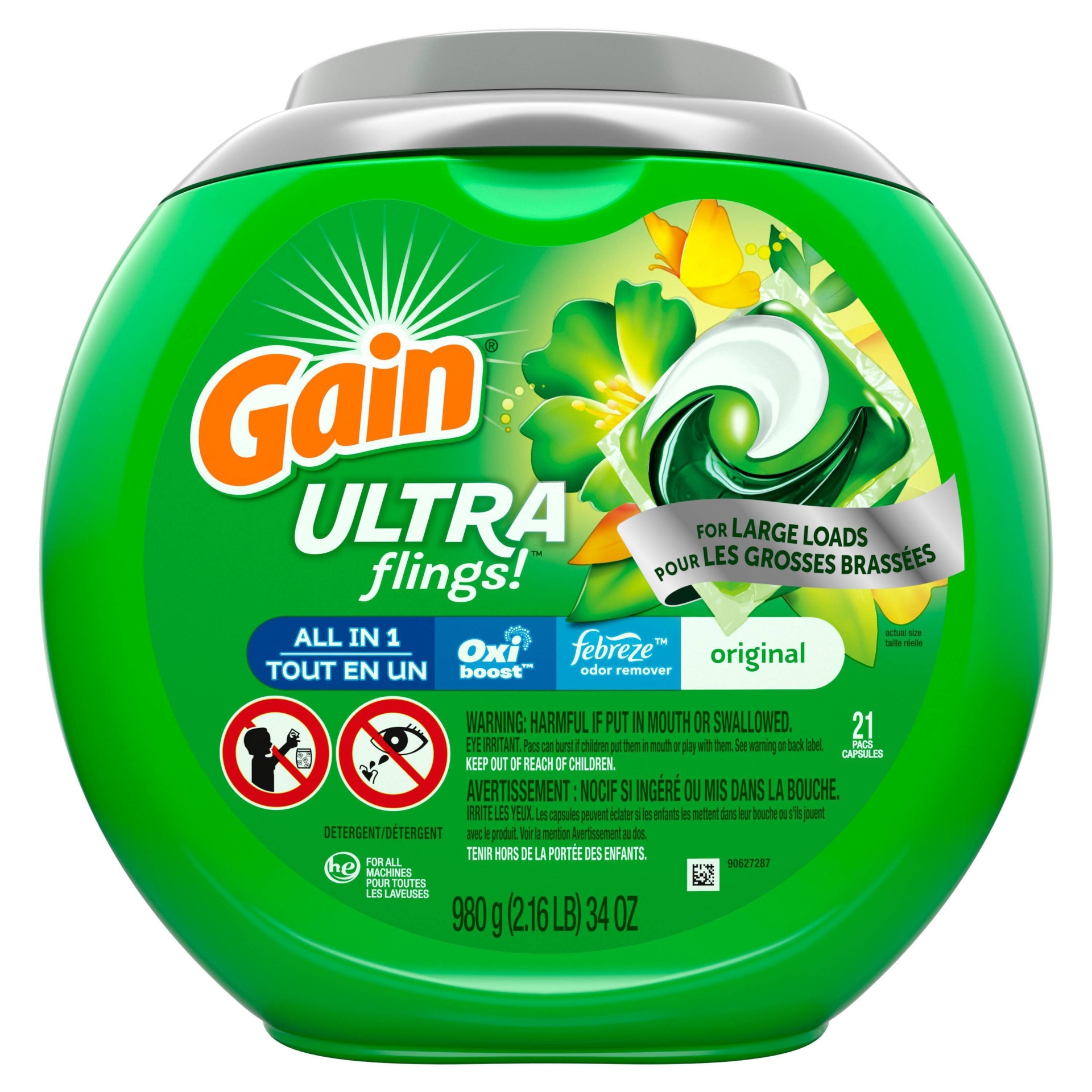 slide 1 of 3, Gain Ultra Flings Original Large Loads Laundry Detergent Pacs, 21 ct
