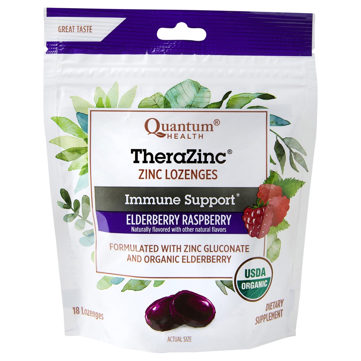 slide 1 of 7, Quantum Health TheraZinc Elderberry Raspberry Flavor Lozenges 18 Lozenges 18 ea, 18 ct