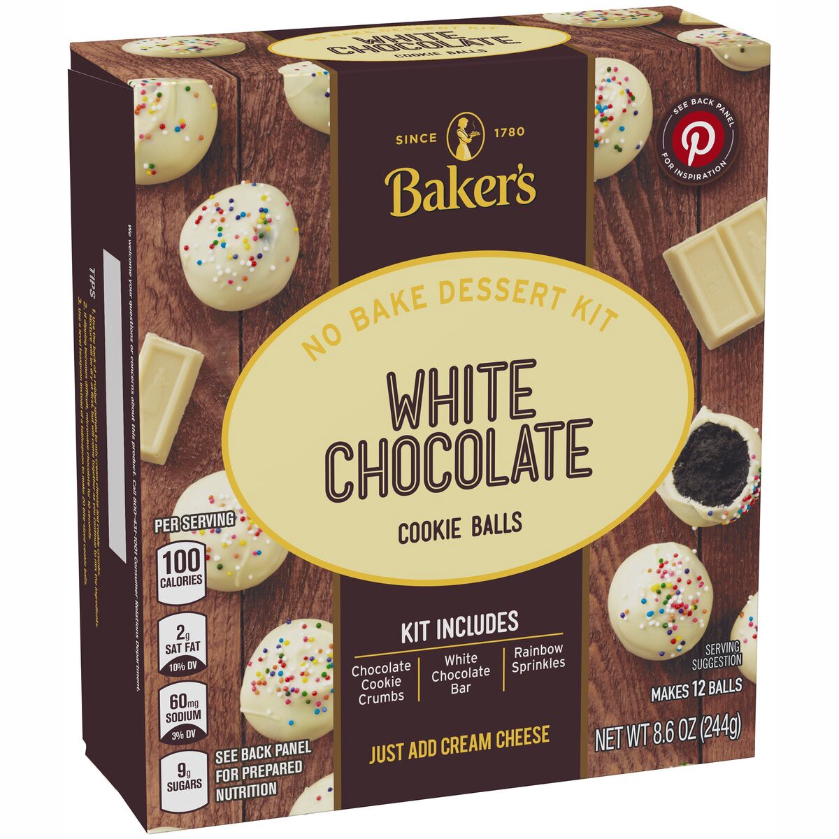 slide 2 of 8, Baker's White Chocolate Cookie Balls No Bake Dessert Kit with Cookie Crumbs, White Chocolate Bar & Rainbow Sprinkles, 8.6 oz Box, 8.6 oz