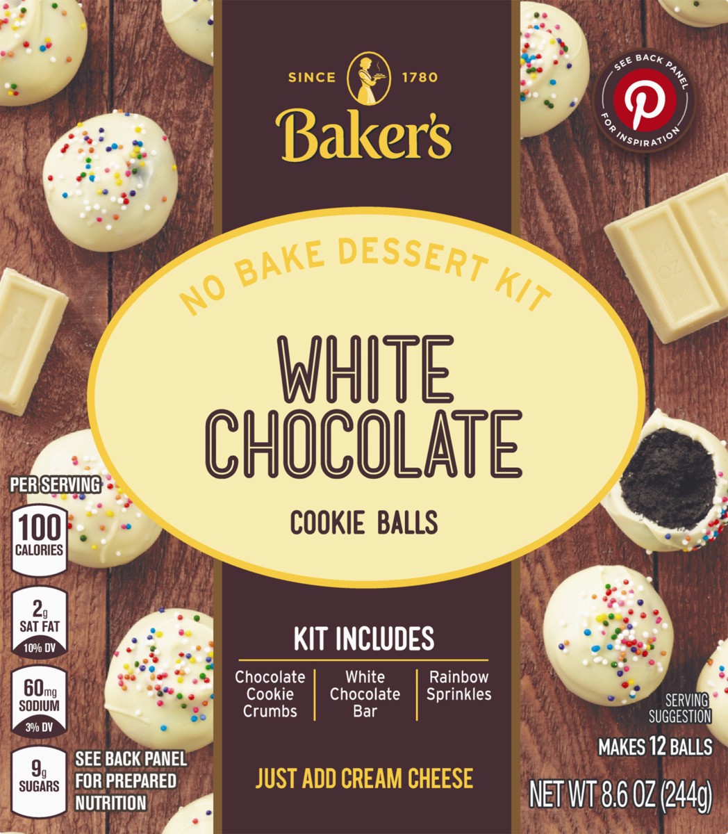 slide 4 of 8, Baker's White Chocolate Cookie Balls No Bake Dessert Kit with Cookie Crumbs, White Chocolate Bar & Rainbow Sprinkles, 8.6 oz Box, 8.6 oz