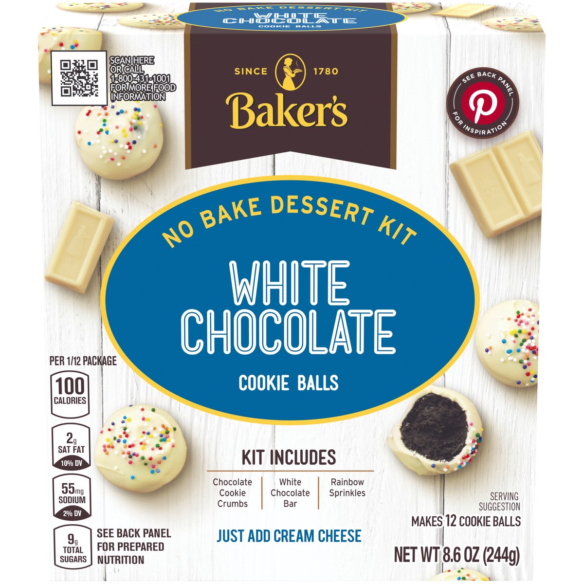 slide 1 of 8, Baker's White Chocolate Cookie Balls No Bake Dessert Kit with Cookie Crumbs, White Chocolate Bar & Rainbow Sprinkles, 8.6 oz Box, 8.6 oz