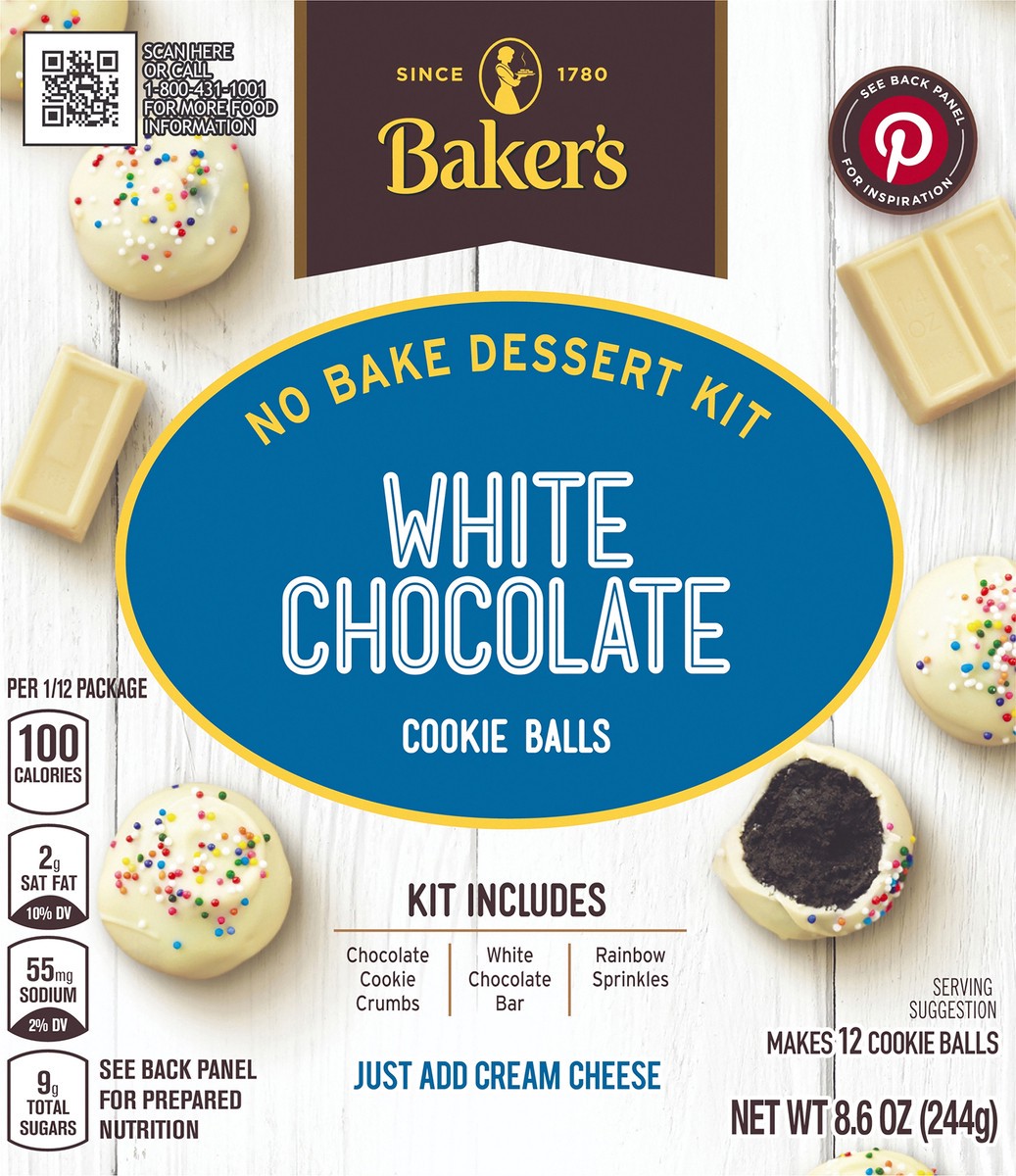 slide 1 of 8, Baker's White Chocolate Cookie Balls No Bake Dessert Kit with Cookie Crumbs, White Chocolate Bar & Rainbow Sprinkles, 8.6 oz Box, 8.6 oz