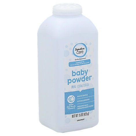 slide 1 of 1, Signature Care Baby Powder Pure Cornstarch Mild & Gentle Aloe Vera & Vitamin E, 15 oz