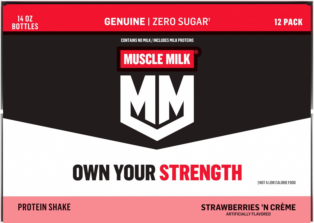 slide 10 of 10, Muscle Milk Genuine Zero Sugar Protein Shake Strawberries 'N Crème Artificially Flavored 14 Fl Oz 12 Count, 14 fl oz