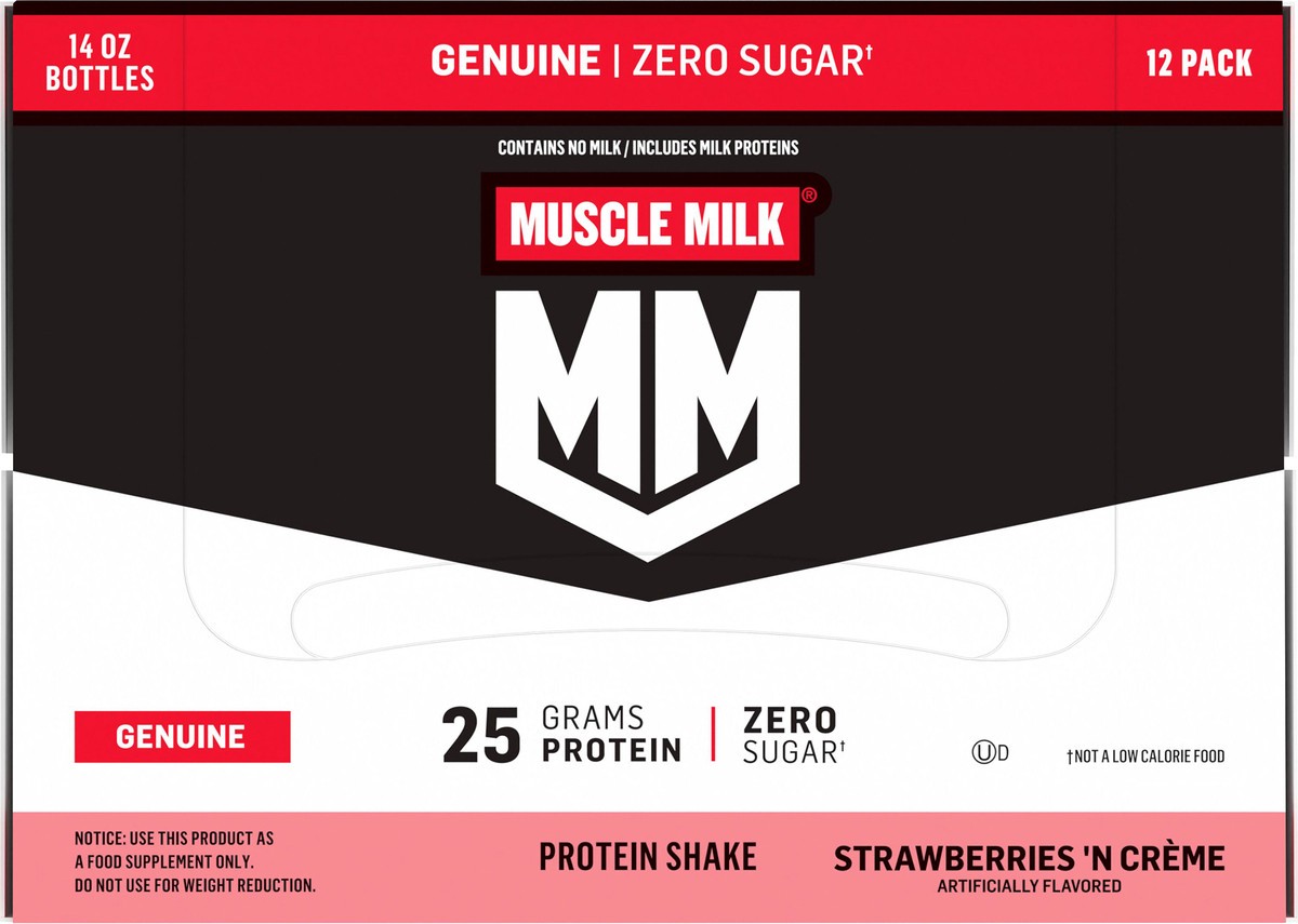 slide 9 of 10, Muscle Milk Genuine Zero Sugar Protein Shake Strawberries 'N Crème Artificially Flavored 14 Fl Oz 12 Count, 14 fl oz
