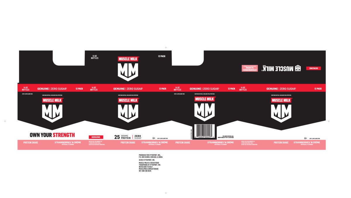 slide 7 of 10, Muscle Milk Genuine Zero Sugar Protein Shake Strawberries 'N Crème Artificially Flavored 14 Fl Oz 12 Count, 14 fl oz