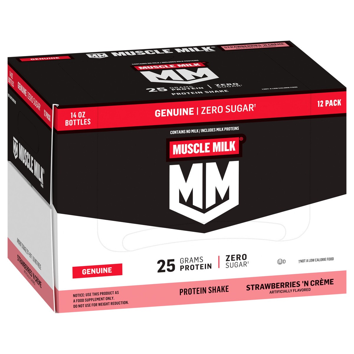 slide 3 of 10, Muscle Milk Genuine Zero Sugar Protein Shake Strawberries 'N Crème Artificially Flavored 14 Fl Oz 12 Count, 14 fl oz