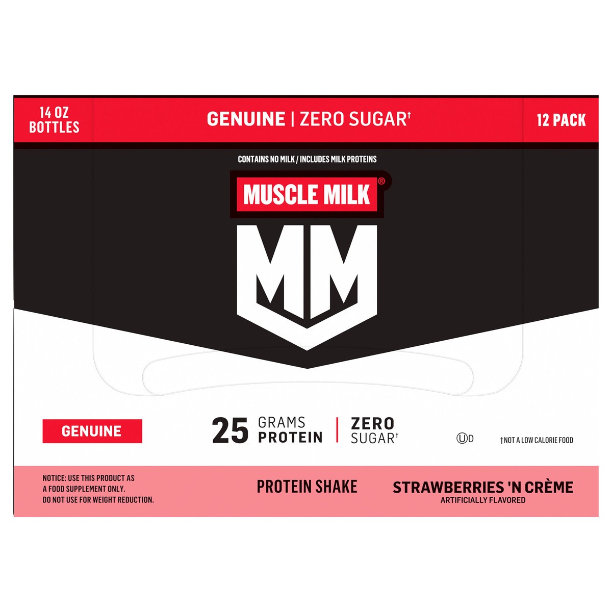 slide 1 of 10, Muscle Milk Genuine Zero Sugar Protein Shake Strawberries 'N Crème Artificially Flavored 14 Fl Oz 12 Count, 14 fl oz
