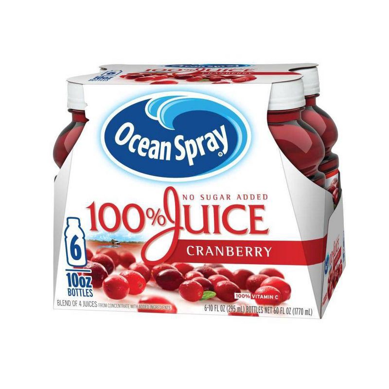 slide 1 of 3, Ocean Spray 100% Juice Cranberry Juice Blend, 10 Fl Oz Bottles, 6 Count, 60 fl oz