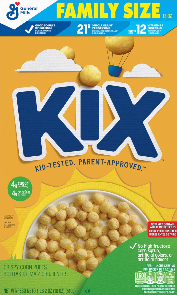 slide 3 of 14, Kix Whole Grain Breakfast Cereal, Crispy Corn Cereal Puffs, Family Size, 18 oz, 18 oz