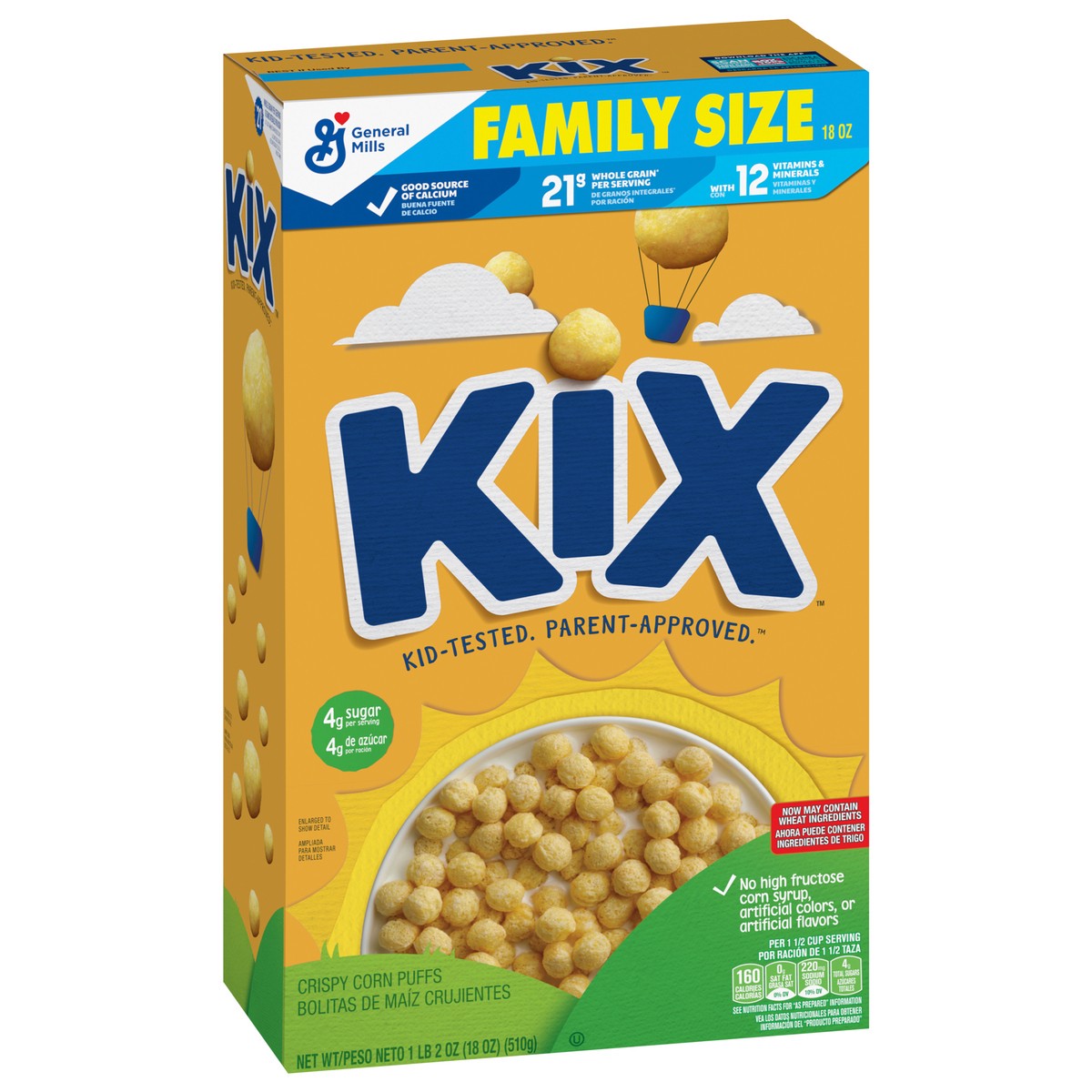 slide 2 of 14, Kix Whole Grain Breakfast Cereal, Crispy Corn Cereal Puffs, Family Size, 18 oz, 18 oz