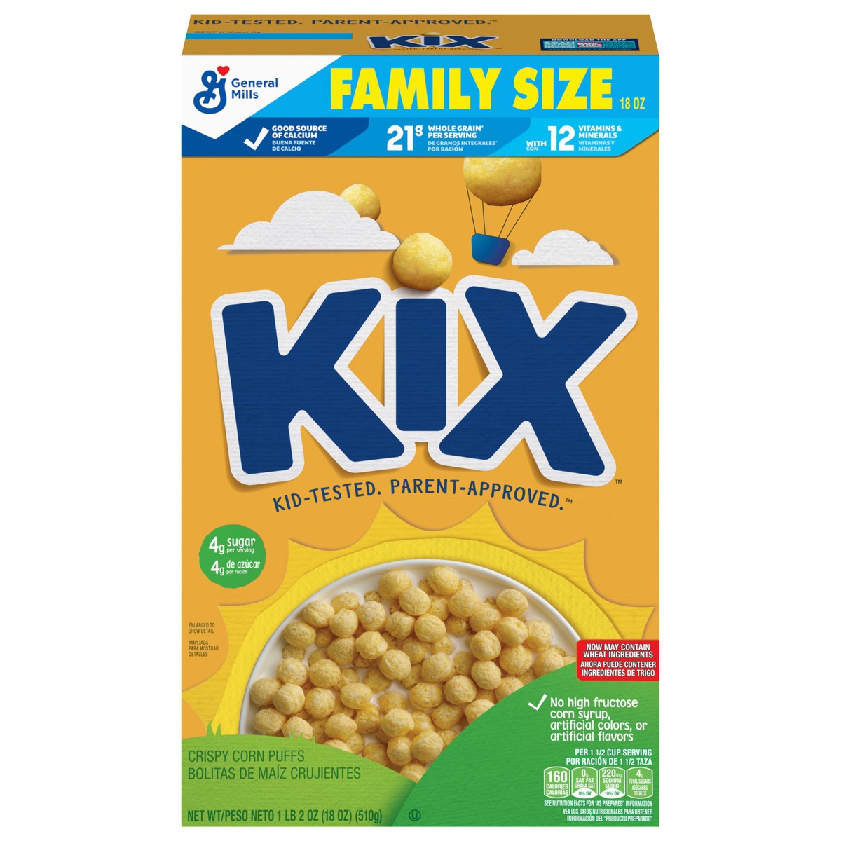slide 6 of 14, Kix Whole Grain Breakfast Cereal, Crispy Corn Cereal Puffs, Family Size, 18 oz, 18 oz