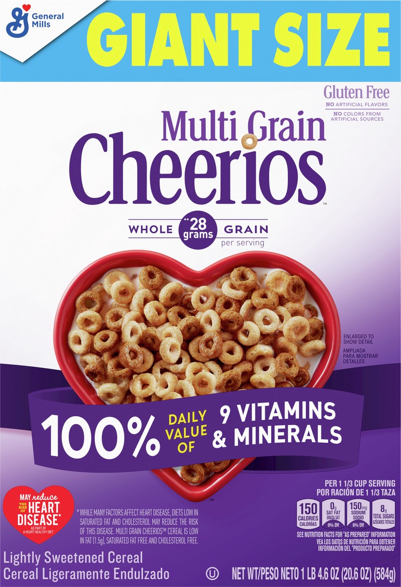 slide 2 of 8, Cheerios Multi Grain Cheerios, Heart Healthy Breakfast Cereal, Gluten Free, Giant Size, 20.6 oz, 24 oz