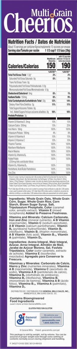 slide 7 of 8, Cheerios Multi Grain Cheerios, Heart Healthy Breakfast Cereal, Gluten Free, Giant Size, 20.6 oz, 24 oz