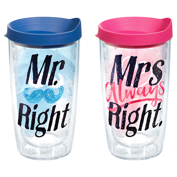 slide 1 of 1, Tervis Mr & Mrs Right Tumbler with Travel Lid, 16 oz