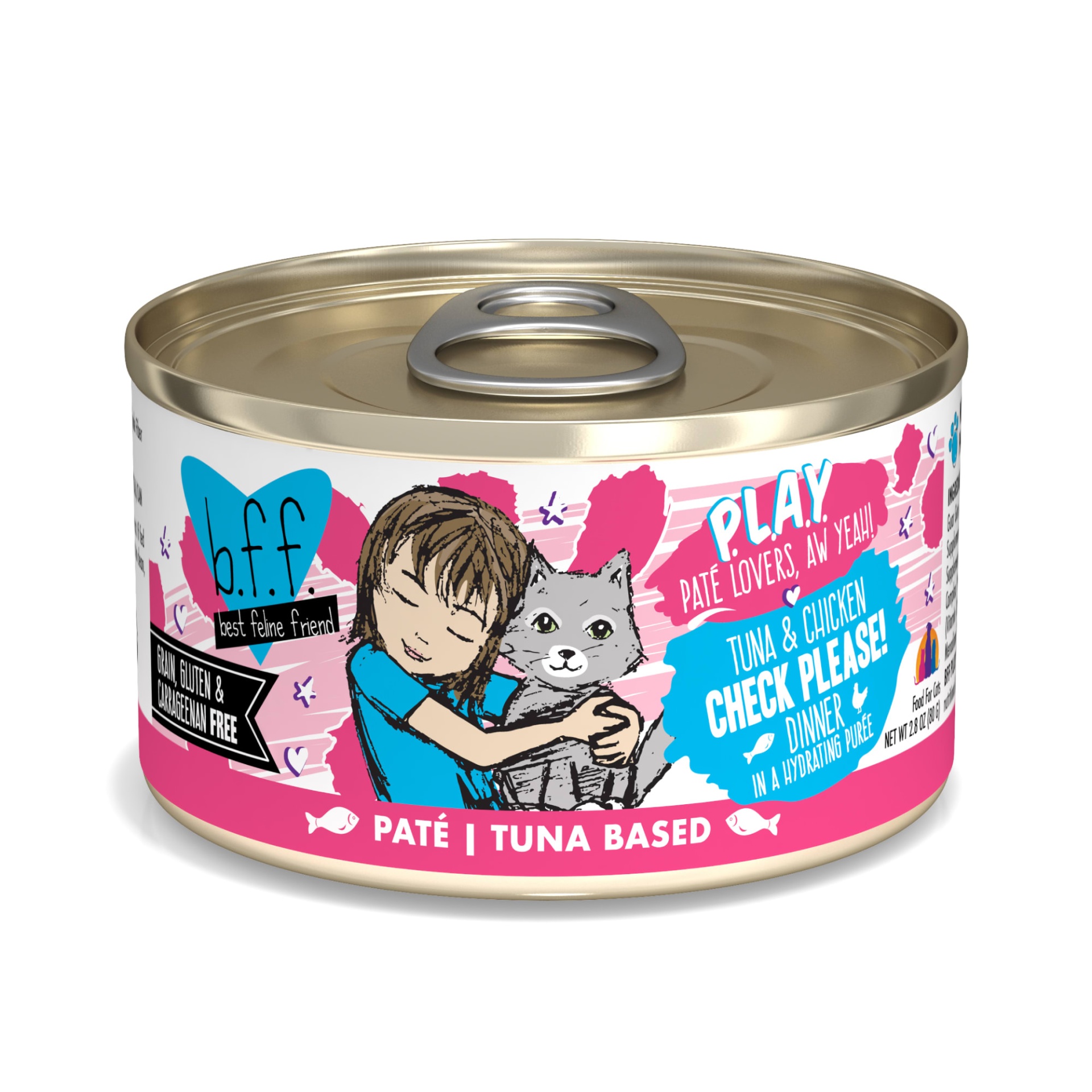 slide 1 of 1, B.F.F. P.L.A.Y. Check Please! Tuna & Chicken Dinner in a Hydrating Puree Wet Cat Food, 2.8 oz., 2.8 oz