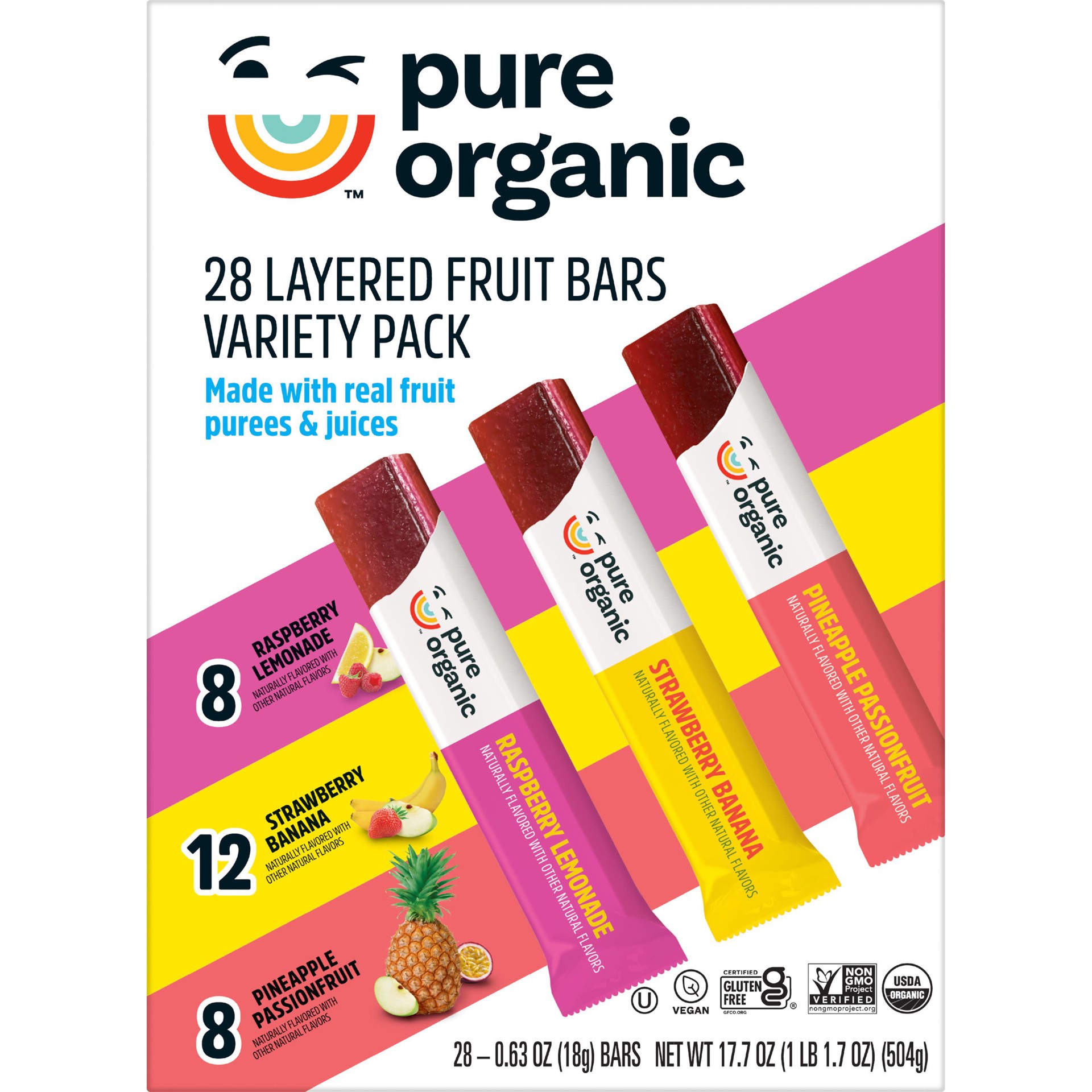 slide 1 of 5, Pure Organic Layered Fruit Bars, Variety Pack, 17.7 oz, 28 Count, 17.7 oz