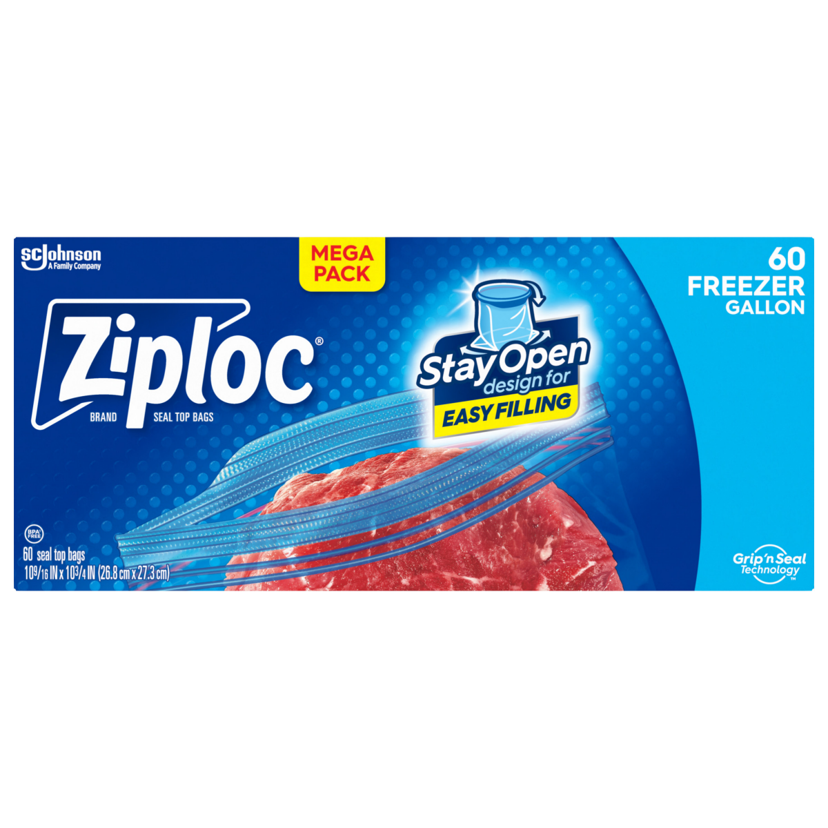 slide 1 of 10, Ziploc Brand Freezer Bags with New Stay Open Design, Gallon, 60, Patented Stand-up Bottom, Easy to Fill Freezer Bag, Unloc a Free Set of Hands in the Kitchen, Microwave Safe, BPA Free, 60 ct