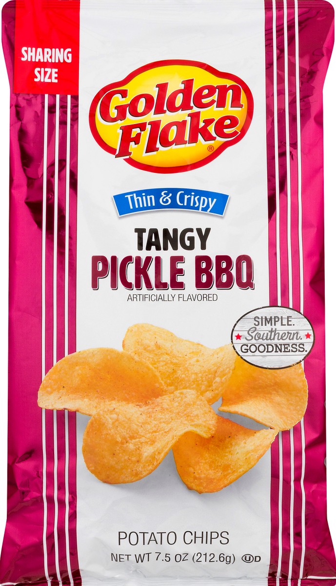 slide 4 of 9, Golden Flake Thin & Crispy Sharing Size Tangy Pickle BBQ Potato Chips 7.5 oz, 7.5 oz