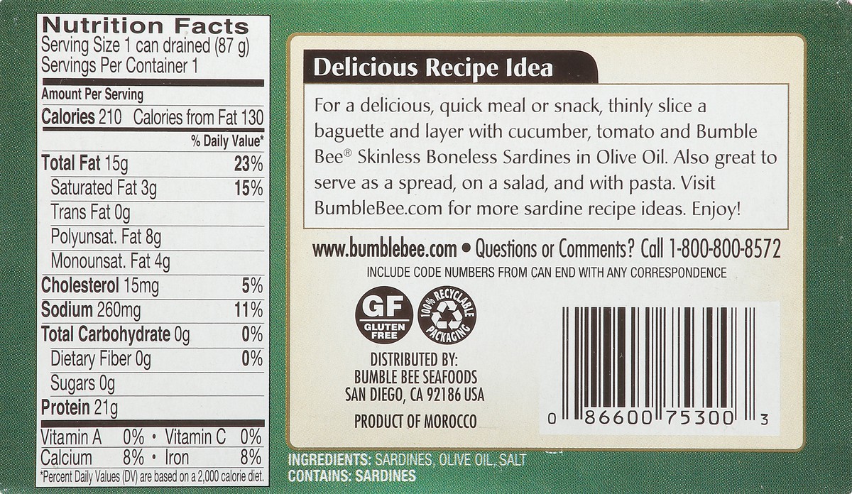 slide 6 of 11, Bumble Bee Boneless & Skinless Sardines in Olive Oil 4.4 oz. Box, 4.4 oz