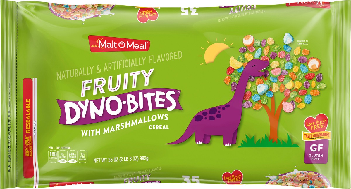 slide 7 of 7, Malt-O-Meal Fruity Dyno Bites with Marshmallows Kids Breakfast Cereal, Gluten Free, Family Size Bulk Bagged Cereal, 35 Ounce - 1 count, 35 oz