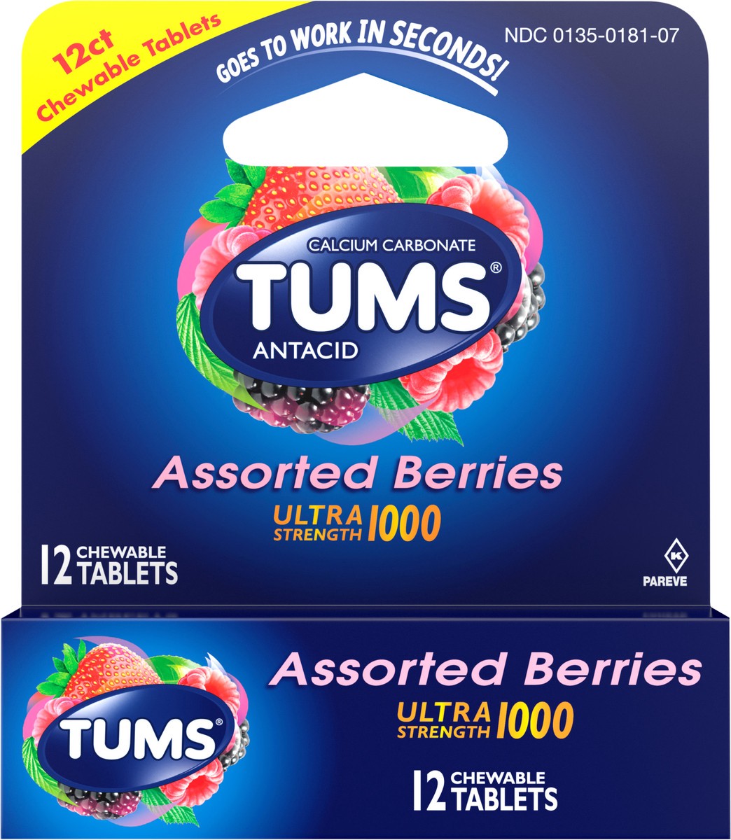 slide 7 of 8, TUMS Ultra Strength Chewable Antacid Tablets for Heartburn Relief, Assorted Berries - 12 Count, 12 ct