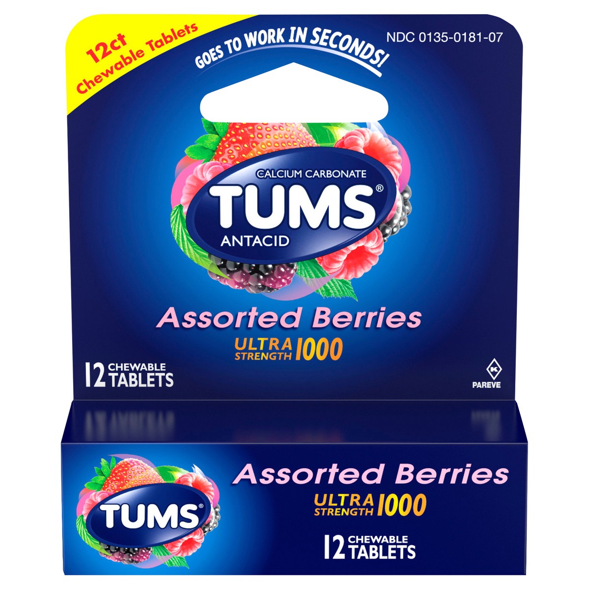 slide 1 of 8, TUMS Ultra Strength Chewable Antacid Tablets for Heartburn Relief, Assorted Berries - 12 Count, 12 ct
