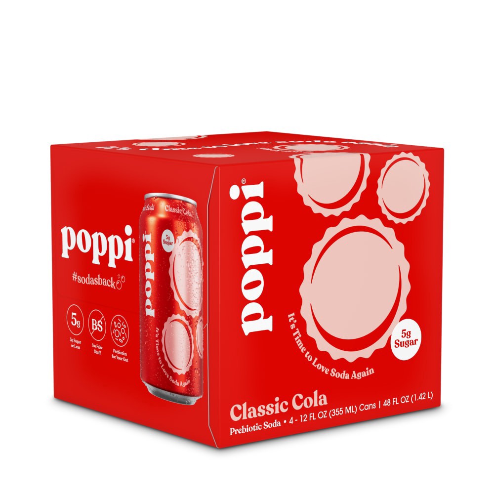 slide 1 of 2, Poppi Cola - 12 oz, 4 ct; 12 fl oz