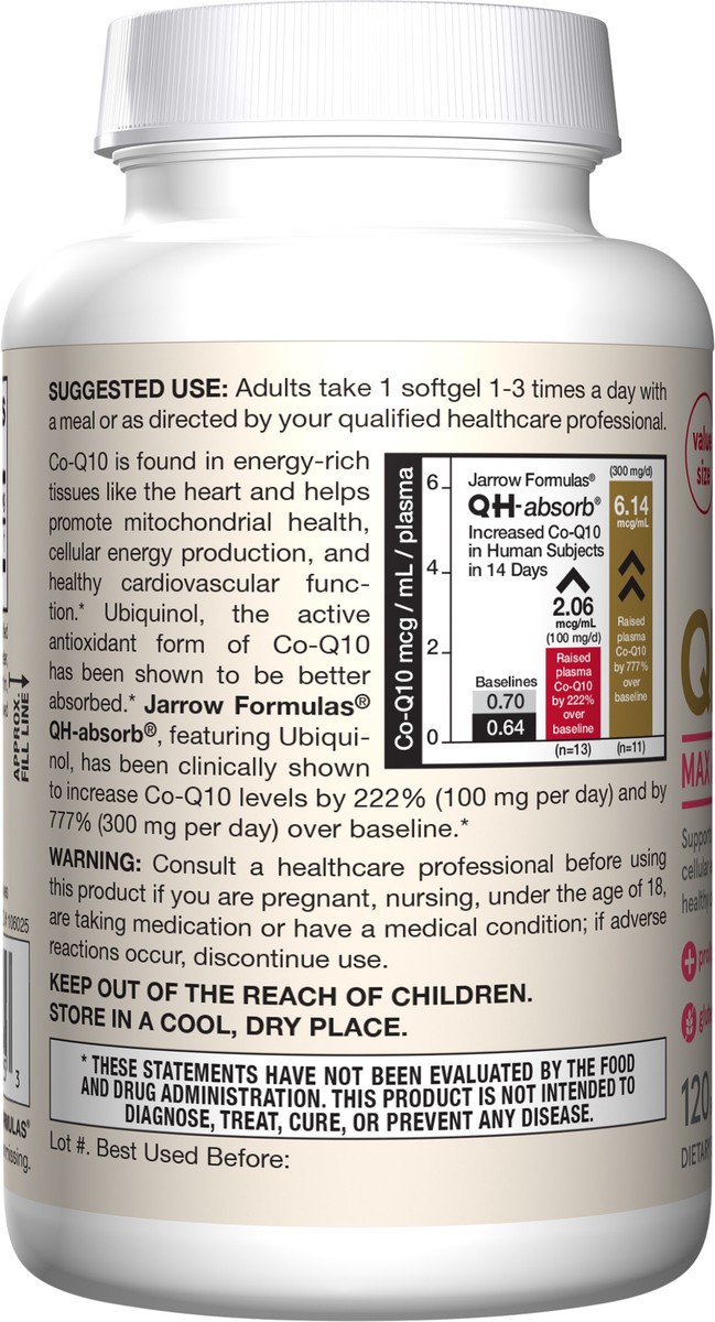slide 3 of 4, Jarrow Formulas QH-Absorb 100 mg Max Absorption - CoQ10 Ubiquinol - Up to 120 Servings (Softgels) - Supports Mitochondrial Health, Cellular Energy Production & Healthy Cardiovascular Function, 120 ct