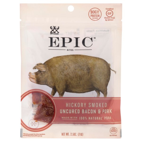 slide 1 of 1, Epic Bites Hickory Smoked Uncured Bacon & Pork, 2.5 oz