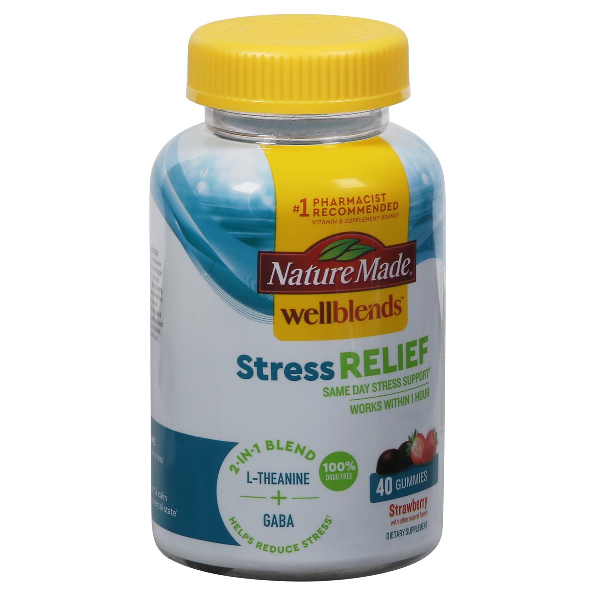 slide 6 of 9, Nature Made Wellblends Stress Relief Gummies, L theanine 200mg to Help Reduce Stress, with GABA 100mg, Same Day Stress Support, 40 Strawberry Flavor Gummies, 40 ct