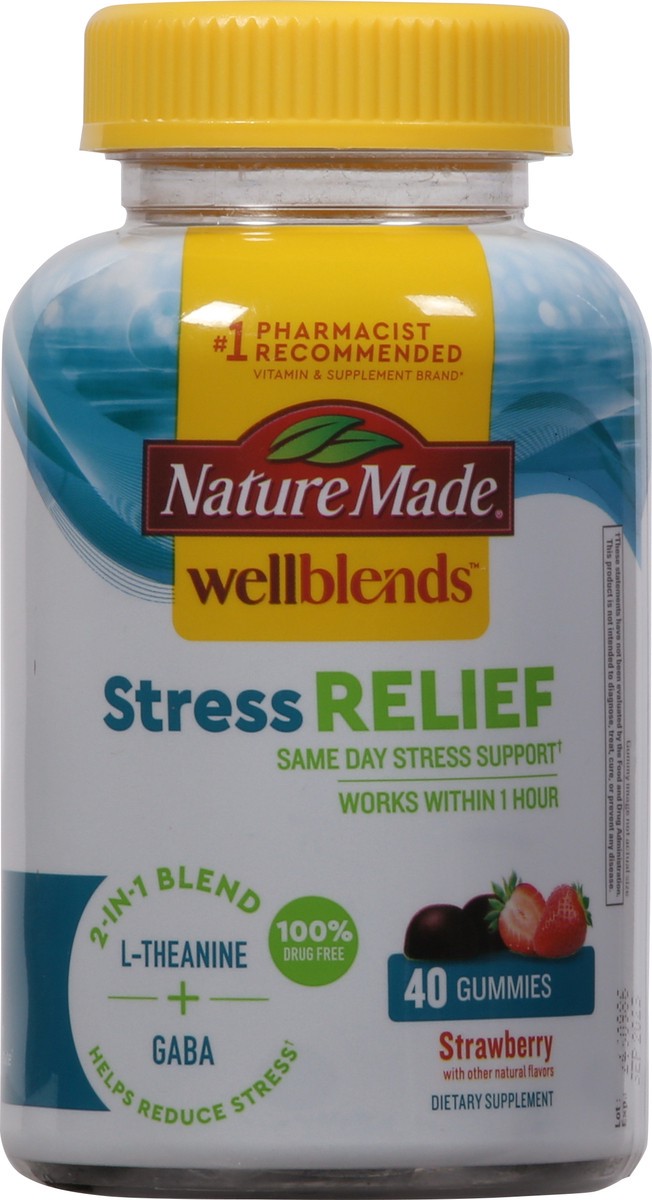 slide 3 of 9, Nature Made Wellblends Stress Relief Gummies, L theanine 200mg to Help Reduce Stress, with GABA 100mg, Same Day Stress Support, 40 Strawberry Flavor Gummies, 40 ct