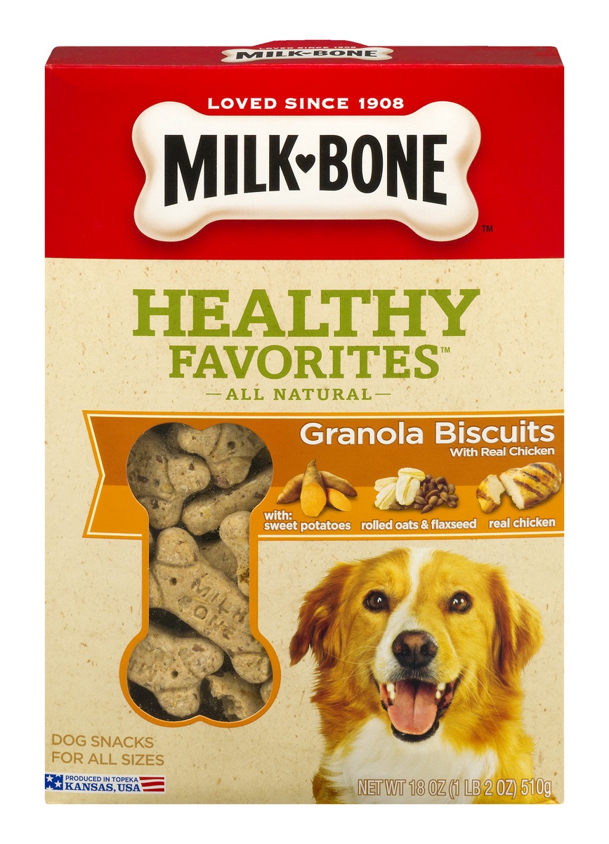 slide 1 of 1, Milk-Bone Healthy Favorites Granola Biscuits with Real Chicken Dog Snack, 18 oz