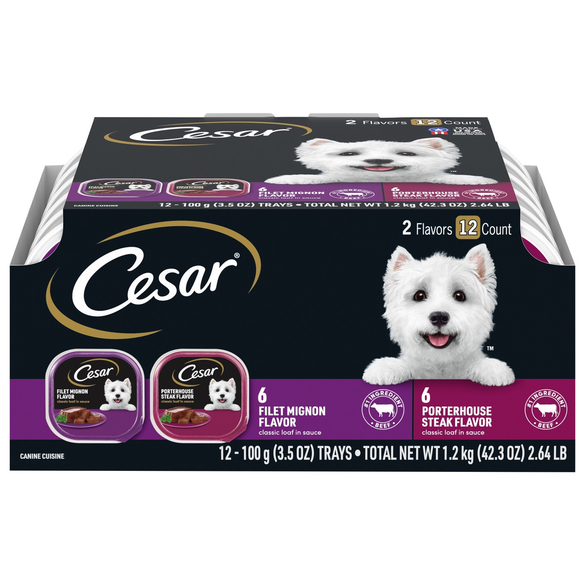 slide 1 of 5, Cesar Soft Wet Dog Food Classic Loaf In Sauce Filet Mignon And Porterhouse Steak Flavors Variety Pack, (12) 3.5 Oz. Easy Peel Trays, 2.64 lb