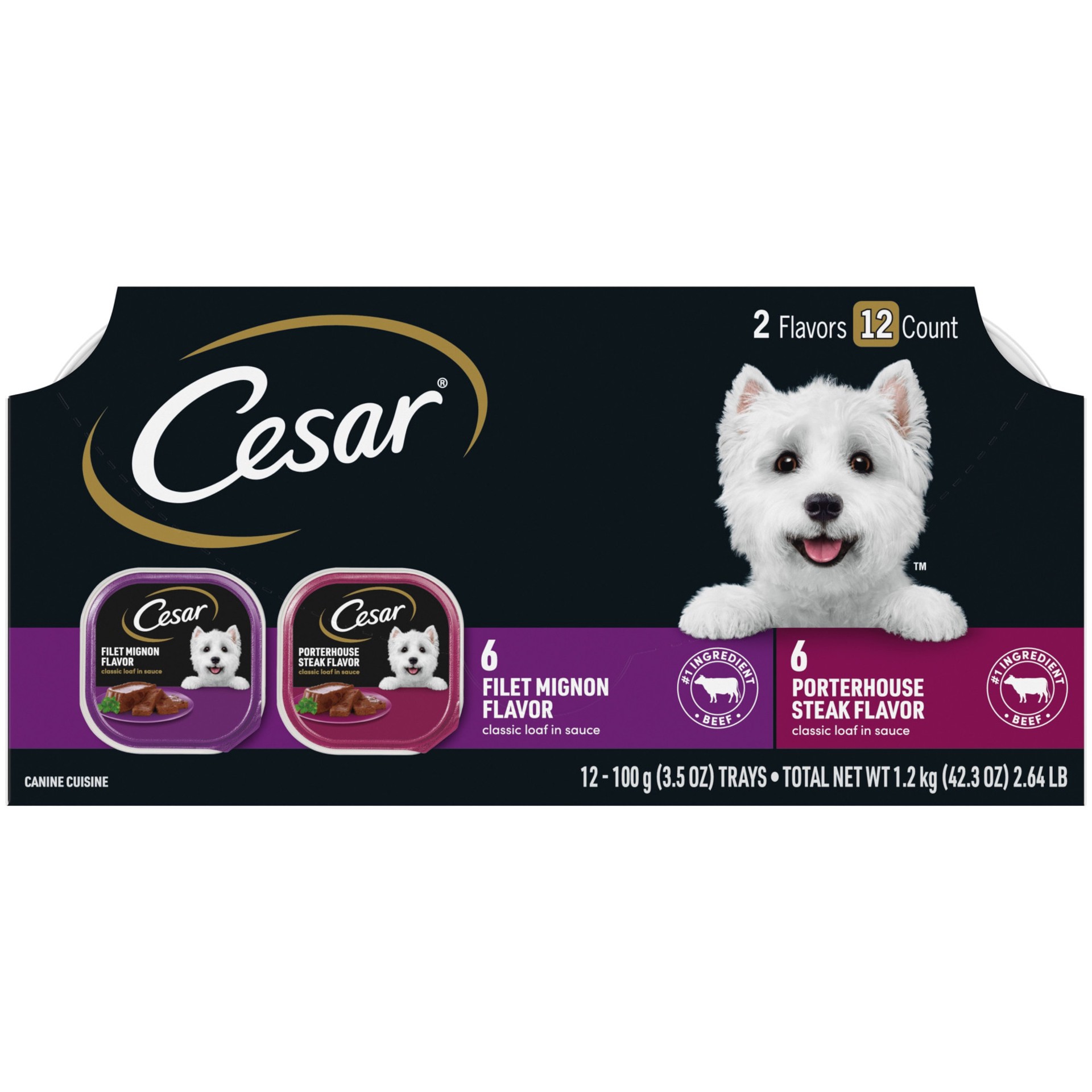 slide 1 of 5, Cesar Filet Mignon Flavor/Porterhouse Steak Flavor Canine Cuisine Tray 12 - 3.5 oz ea, 2.64 lb