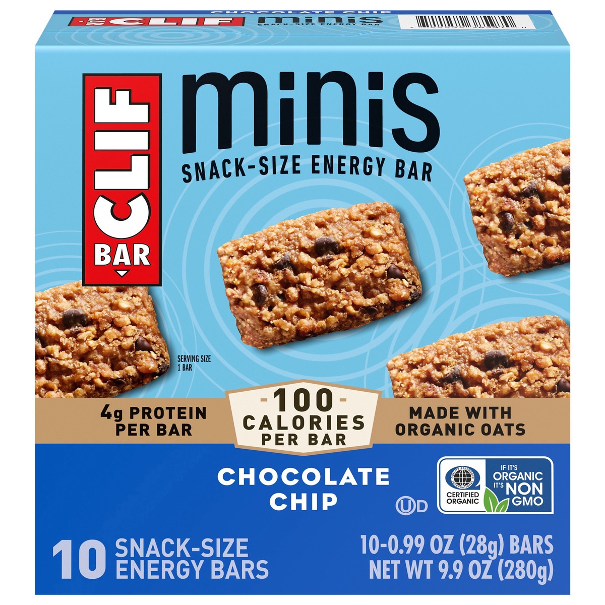 slide 1 of 9, CLIF BAR Minis - Chocolate Chip - Made with Organic Oats - 4g Protein - Non-GMO - Plant Based - Snack-Size Energy Bars - 0.99 oz. (10 Pack), 10 ct