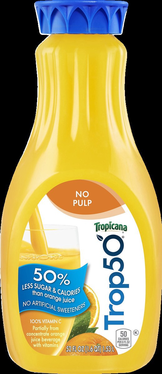 slide 4 of 4, Tropicana Trop50 Juice Beverage Orange No Pulp 52 Fl Oz Bottle, 52 oz