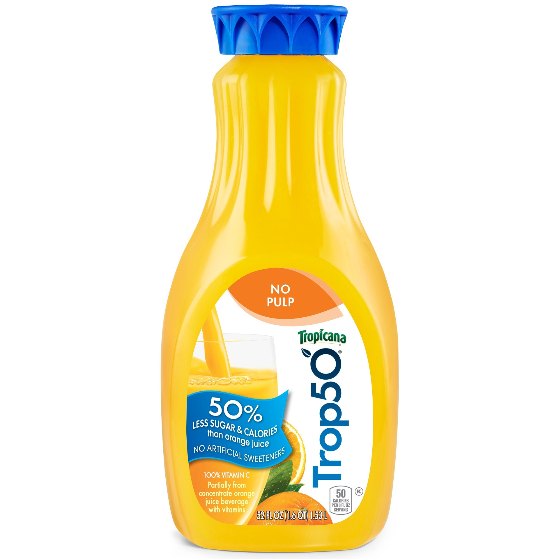 slide 1 of 4, Tropicana Trop50 Juice Beverage Orange No Pulp 52 Fl Oz Bottle, 59 oz